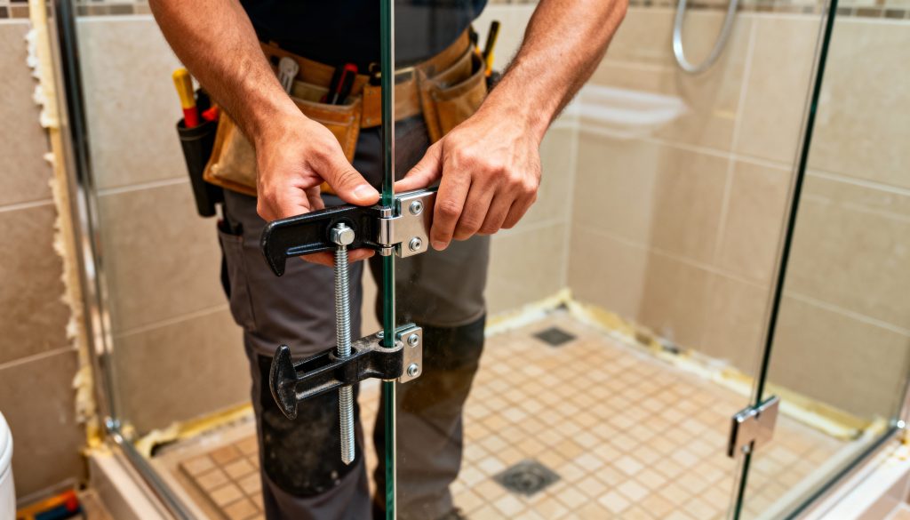 close view of a craftsman mounting a hinged glass shower door in a bathroom showcasing detailed hardware installation and secure fitting methods.